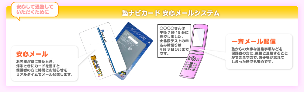 安心して通塾していただくための塾ナビカード　安心メールシステム